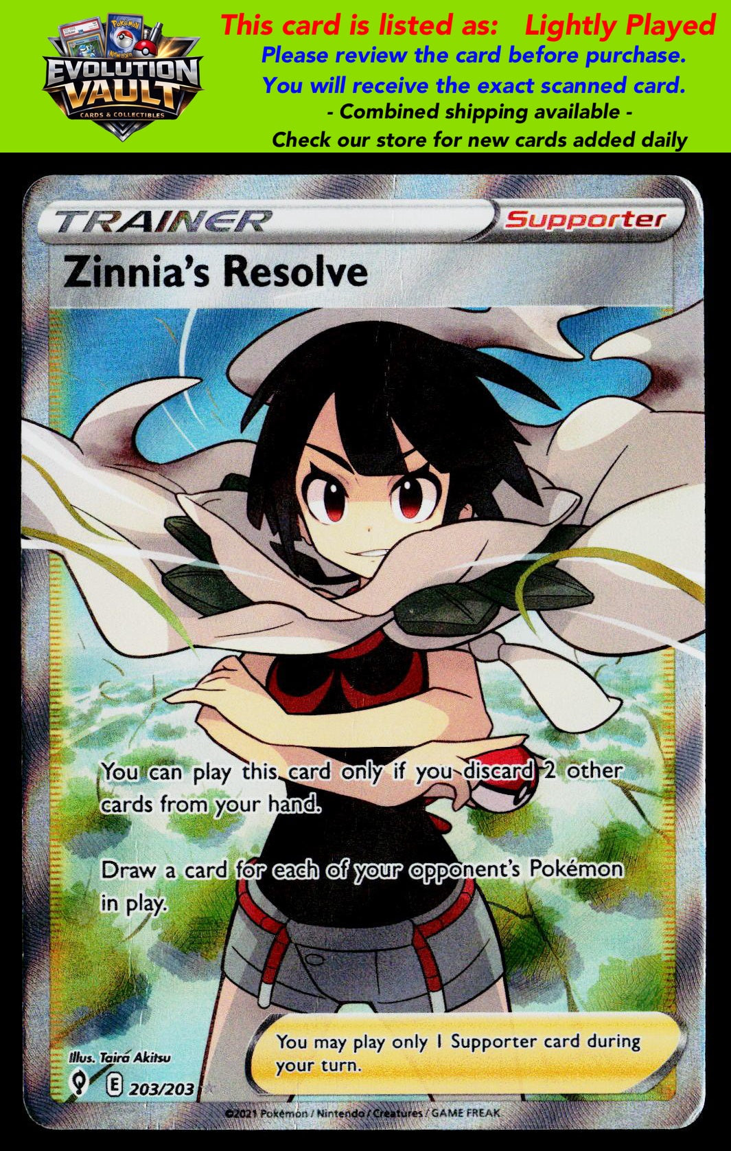 SWSH07: Evolving Skies #203/203 Zinnia's Resolve (Full Art) (LP)